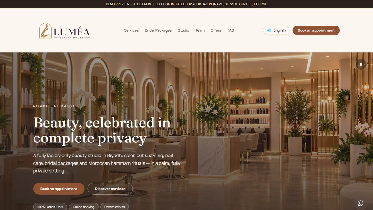 Screenshot of the LUMÉA Riyadh homepage, a women's beauty salon demonstration built by Ritunio Gulf.